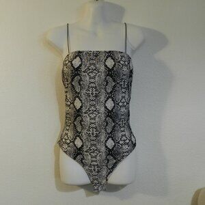 Windsor snakeskin print bodysuit with spaghetti straps and snap crotch, blk/wht